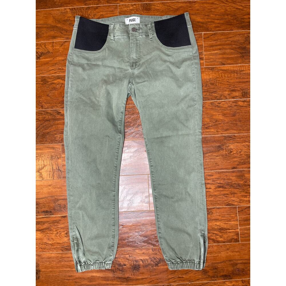 PAIGE Maternity Ivy Green Mayslie Jogger Pants Ankle Zip Size 28